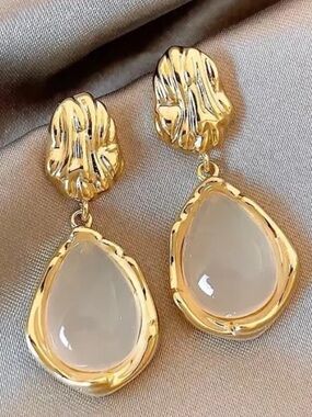 Gold Teardrop Dangle Earrings with White Gemstone